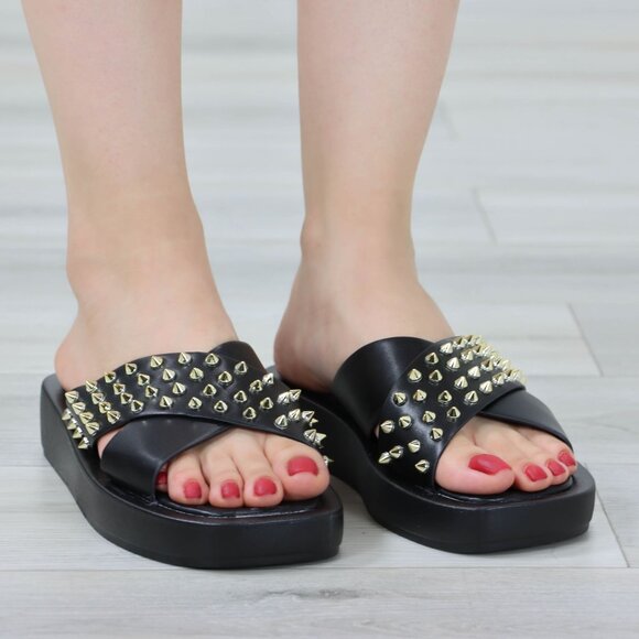 Black Sliders Slip On Sandals Faux Leather Gold Metal Stud Criss Cross - Picture 12 of 12